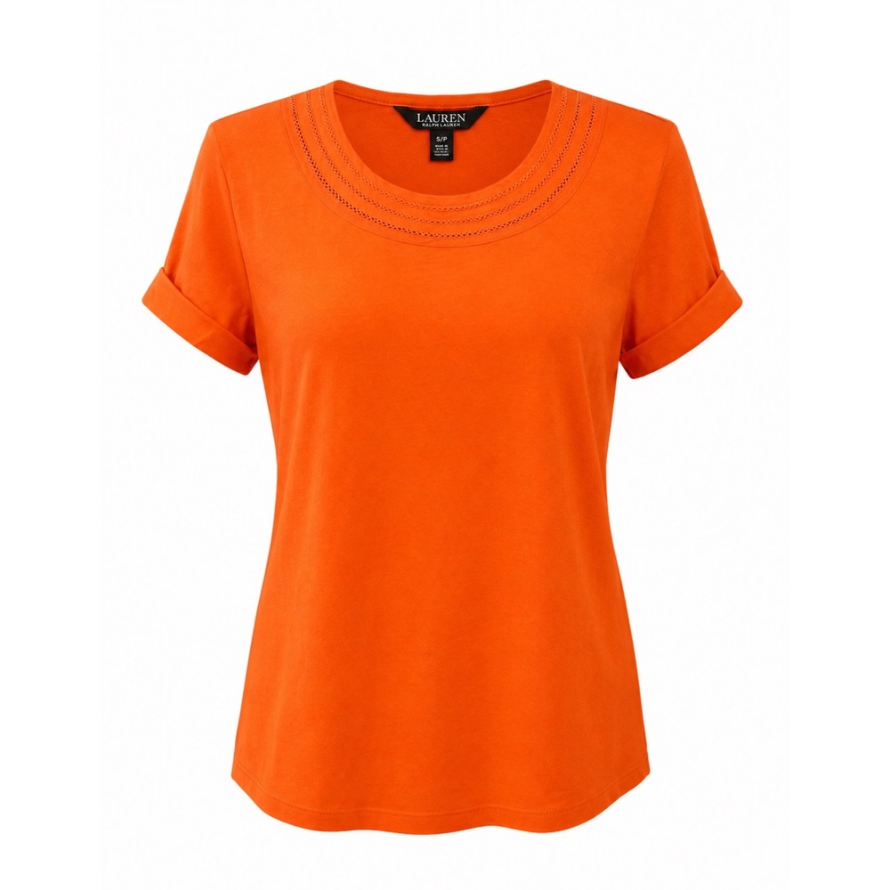 NWT Lauren Ralph Lauren Orange Roll Sleeve Top Womens Small Embellished Neck Tee